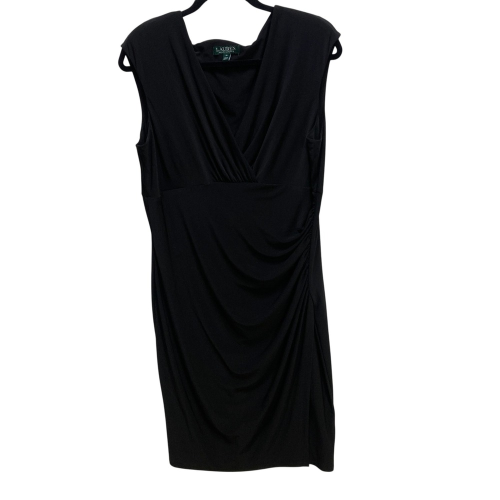 Lauren‎ Ralph Lauren Black Ruched V-Neck Sheath Dress Womens Size 16 Sleeveless